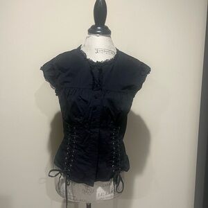 Black Fitted Ruched Blouse with Cap Sleeves